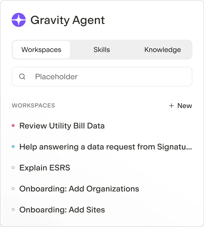 Gravity Agent panel with Workspaces, Skills, and Knowledge tabs and a list of workspaces like Review Utility Bill Data