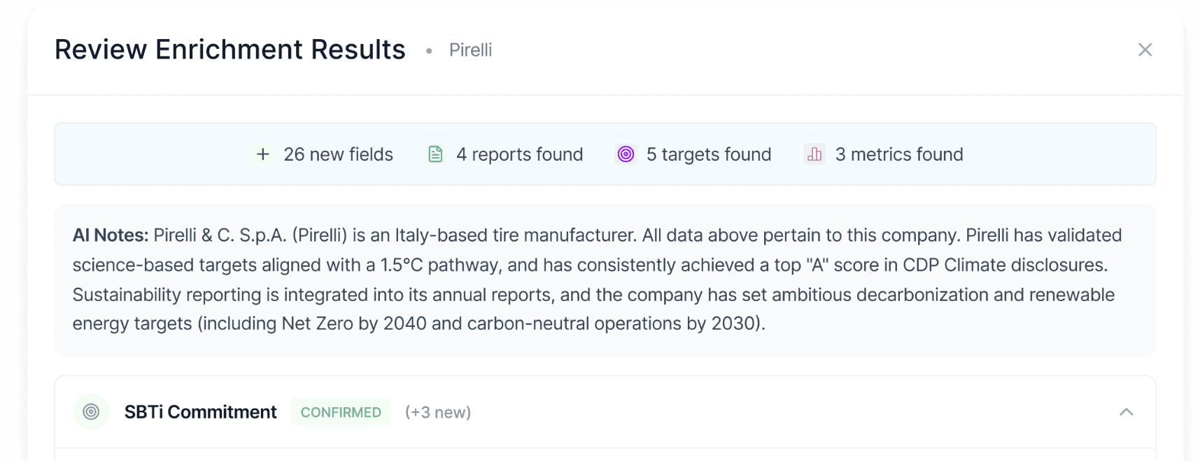 AI-enriched supplier fields in Gravity listed with their sources for review