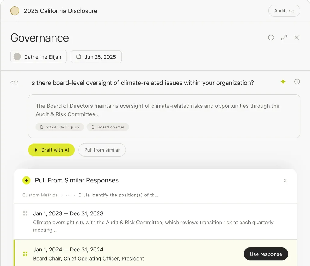 Gravity drafting a Governance disclosure response with AI, showing cited sources and similar responses to pull from
