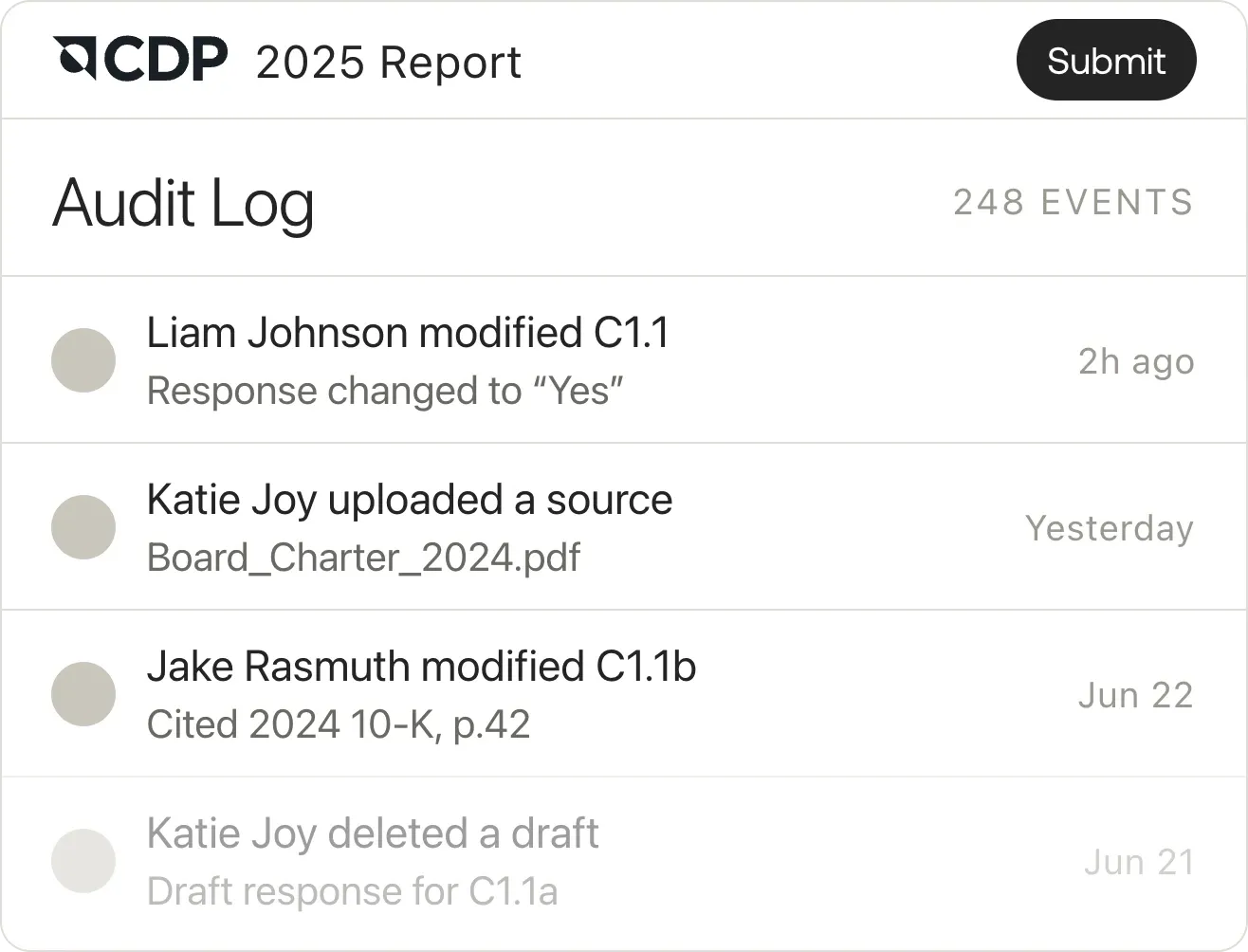 Audit log in Gravity showing who edited disclosure responses, uploaded sources, and when