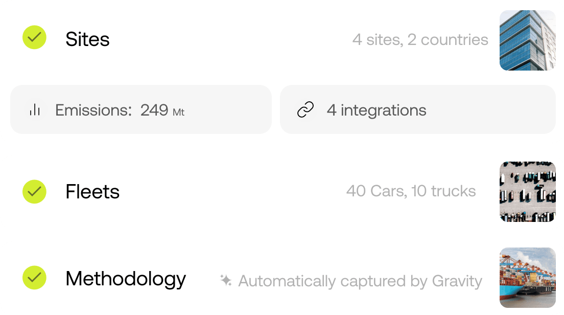 Supplier onboarding showing sites, fleets, and methodology with emissions and integrations data