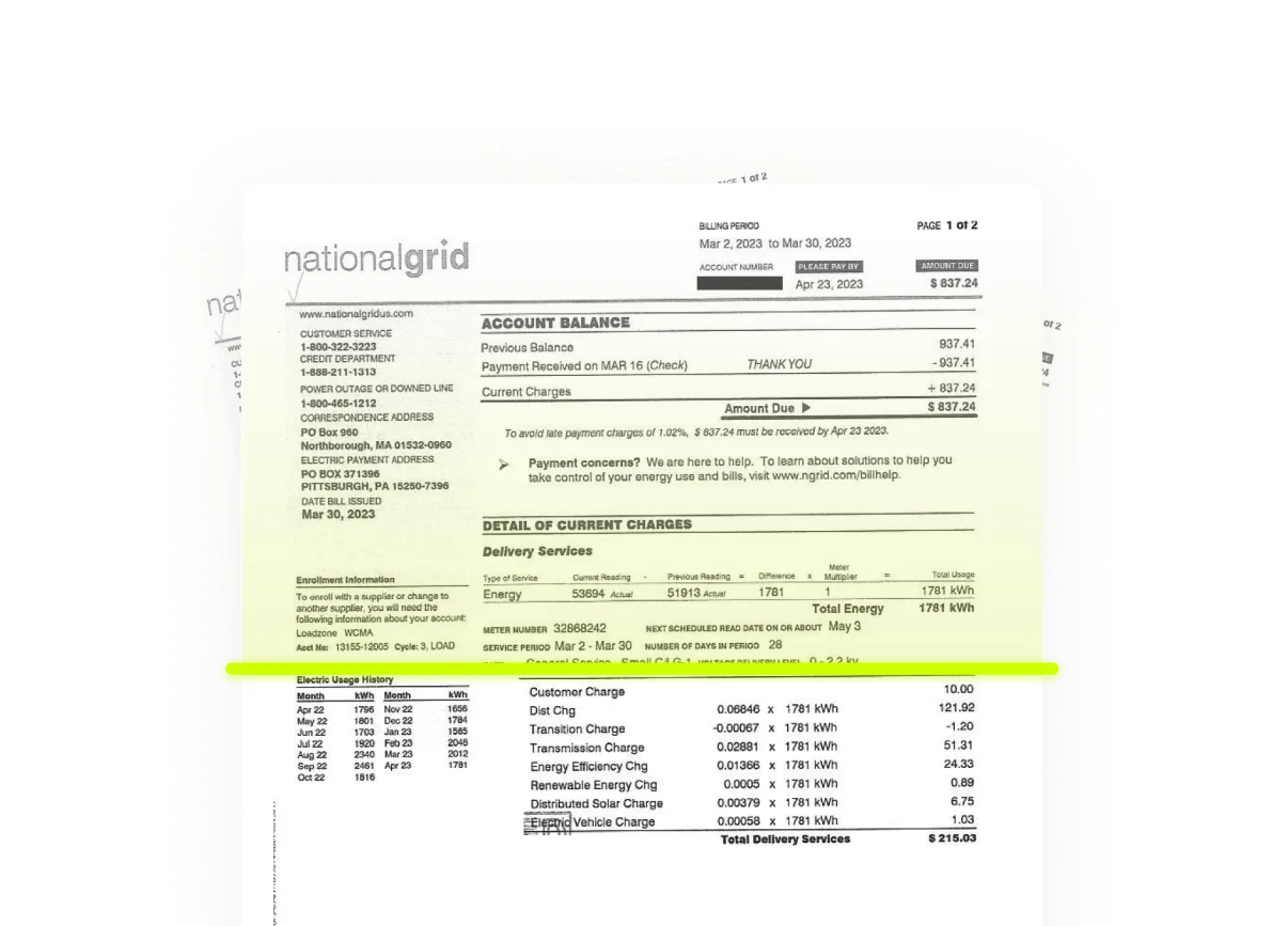 Gravity AI bill scanning interface extracting utility data