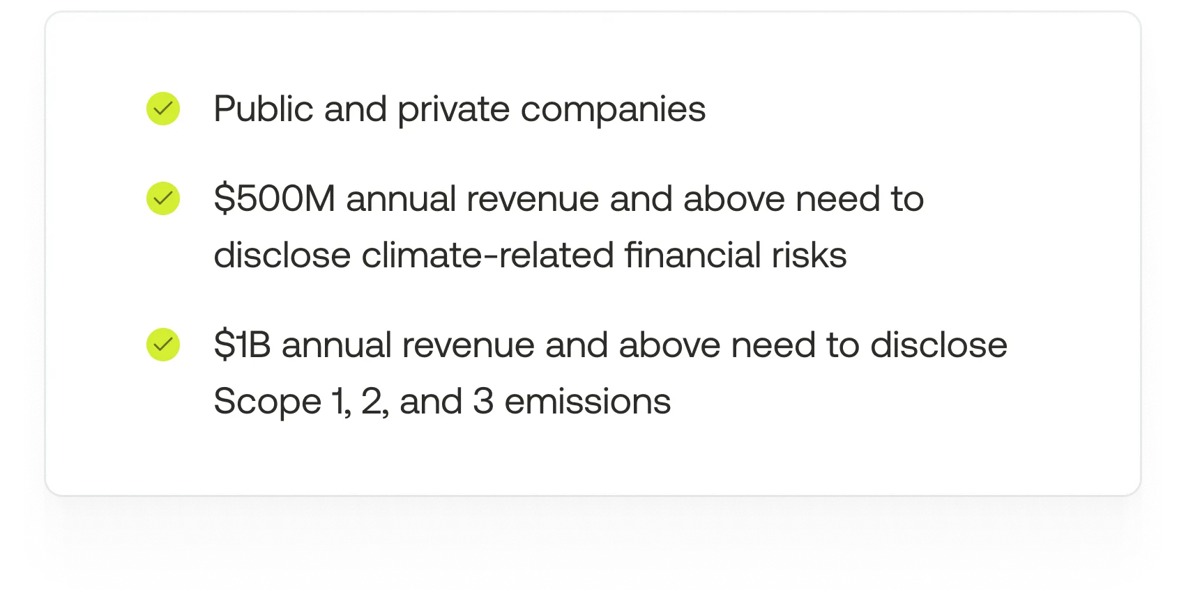 Checklist highlighting requirements for companies: public and private companies, $500M+ revenue must disclose climate-related financial risks, $1B+ revenue must disclose greenhouse gas emissions