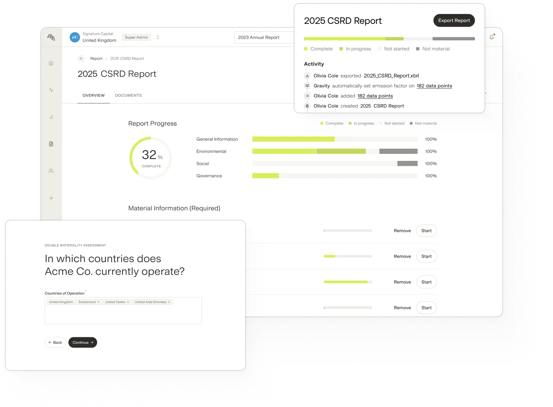Gravity platform showing a 2025 CSRD Report with report progress bars, an activity log, and a double materiality assessment asking in which countries Acme Co. currently operates